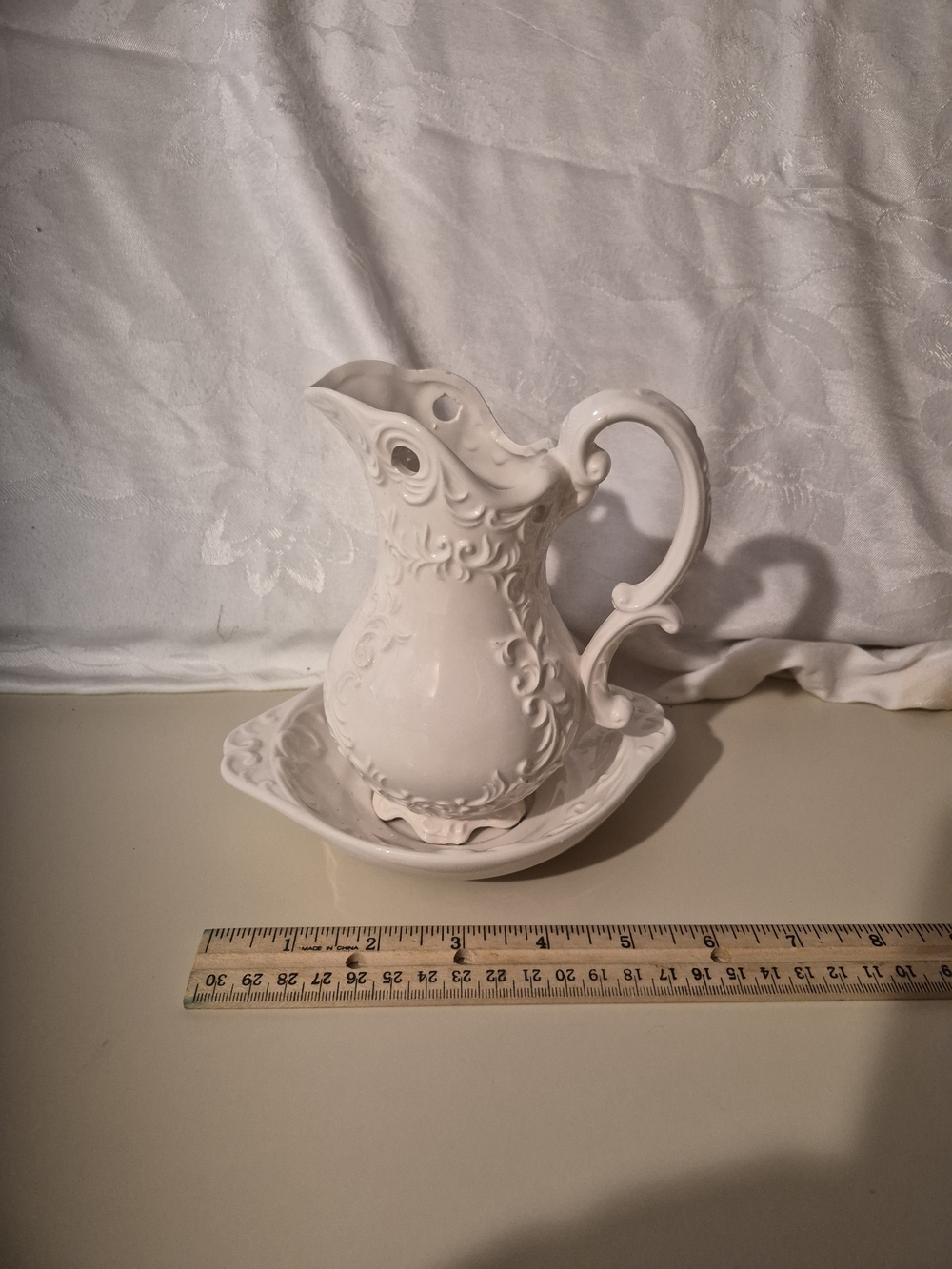 Ornate 6 Inch Tall Cream Ceramic Pitcher and Basin Set Made In Japan